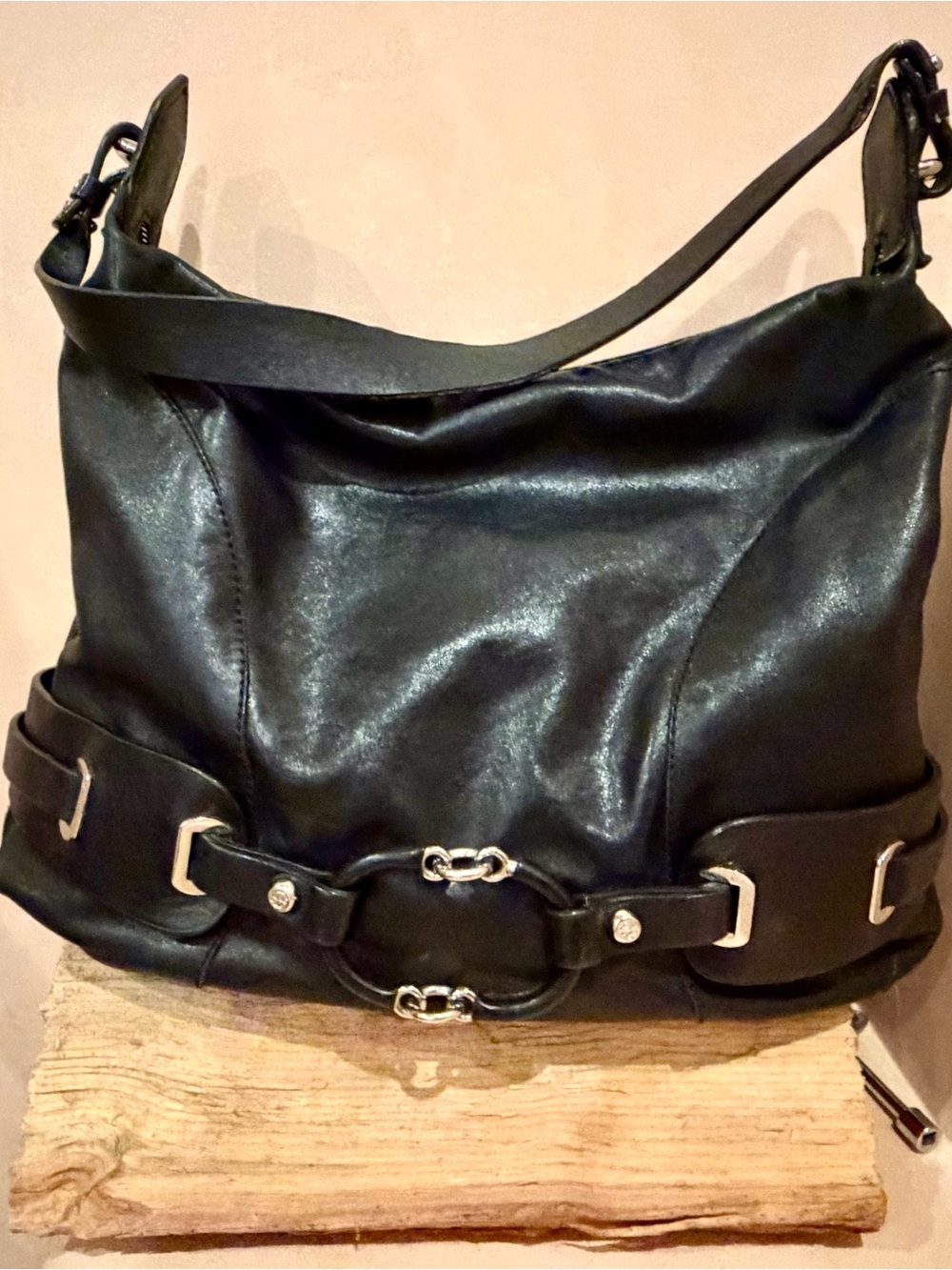 Black Leather Hobo Bag with Silver Bit Accent